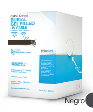 Bobina de cable de 305 m (1000 ft) Cat5E exterior con gel, extrema humedad, bajo tierra, UL, color negro para aplicaciones en CCTV, y redes de alta velocidad. Uso en intemperie