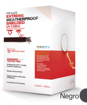 Cable Cat5e tipo FTP Bobina de cable de 500 ft (152.5 m), tipo FTP Cat5e para ambientes extremos, UL, color Negro, blindado, cobre, para aplicaciones en CCTV, redes de datos. Uso Intemperie.
