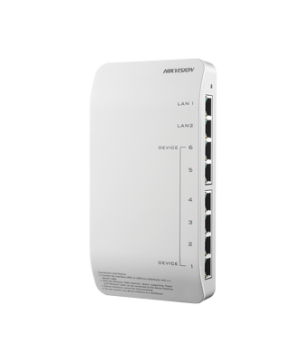 Distribuidor PoE (propietario) de audio y video / Soporta 6 dispositivos / Compatible con TV porteros Hikvision IP.